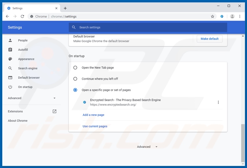 Eliminando encryptedsearch.org de la página de inicio de Google Chrome