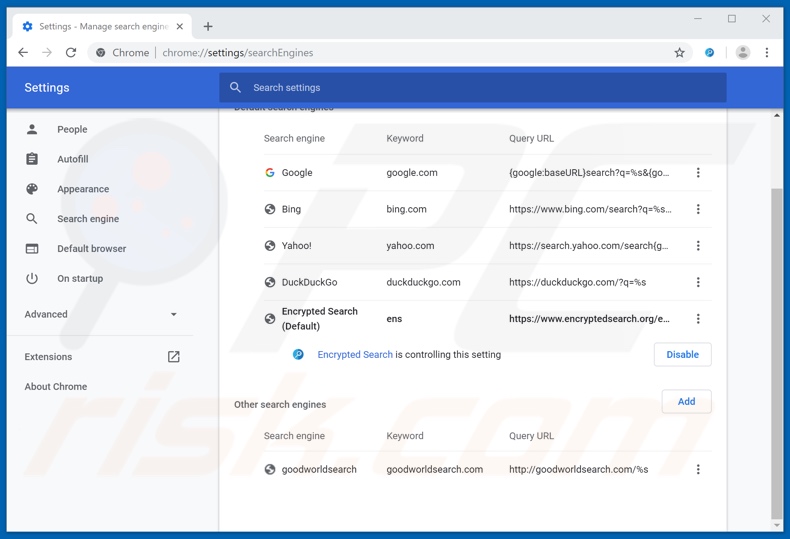 Eliminando encryptedsearch.org del motor de búsqueda predeterminado de Google Chrome