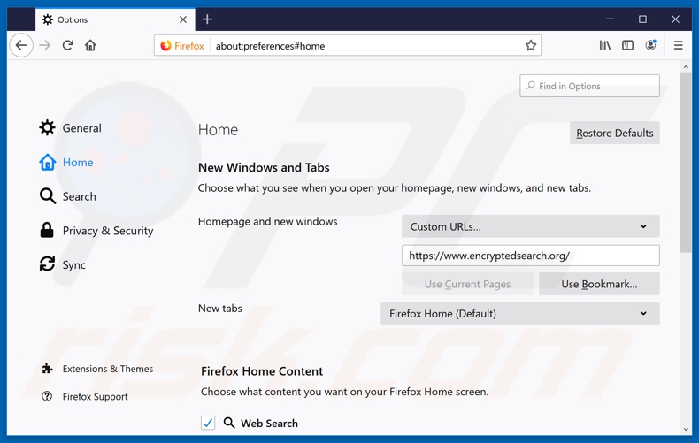 Eliminando encryptedsearch.org de la página de inicio de Mozilla Firefox