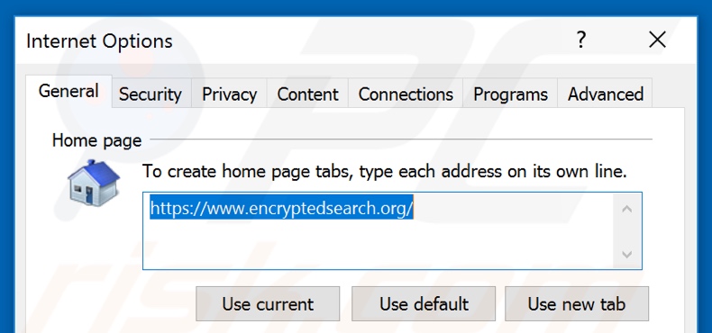 Eliminando encryptedsearch.org de la página de inicio de Internet Explorer