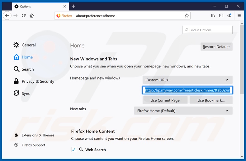 eliminar hp.myway.com de la página de inicio de Mozilla Firefox