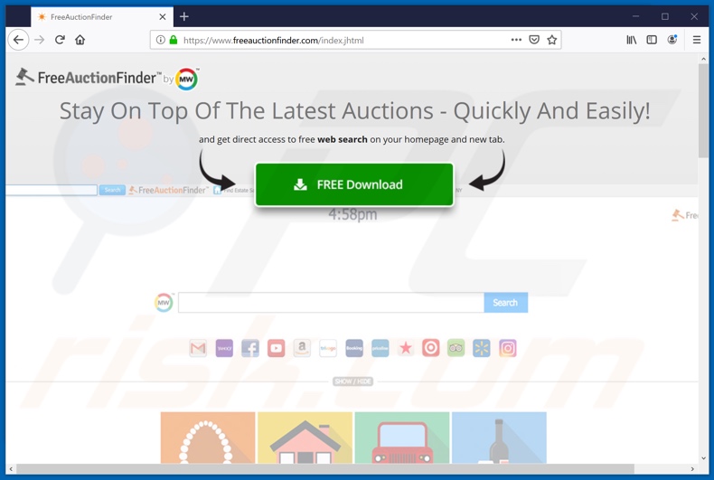 sitio web usado para promocionar el secuestrador de navegadores FreeAuctionFinder