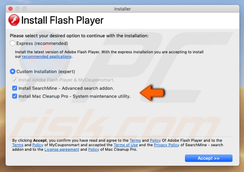secuestrador de navegador empaquetado con un instalador falso de flash player