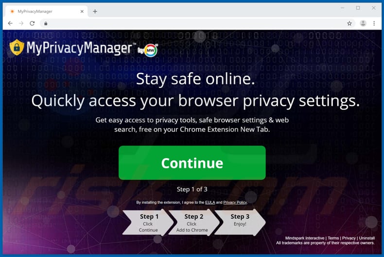 sitio web usado para promocionar el secuestrador de navegadores MyPrivateManager