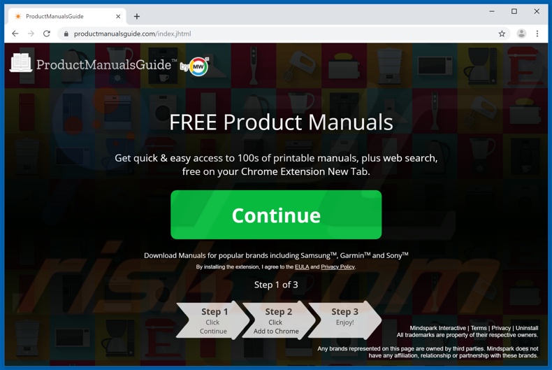 sitio web usado para promocionar el secuestrador de navegadores ProductManualsGuide