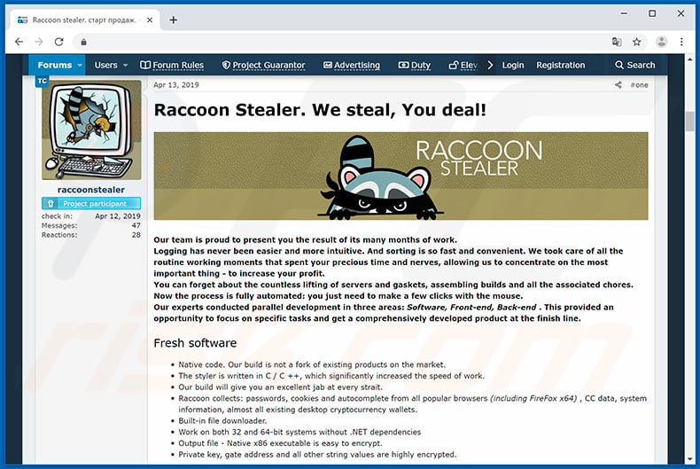 desarrolladores promocionado Raccoon Stealer en foros de hackers