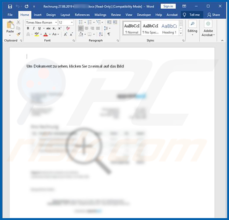 documento malicioso Microsoft Word (adjunto en correo) que inyecta el troyano Retefe en el sistema
