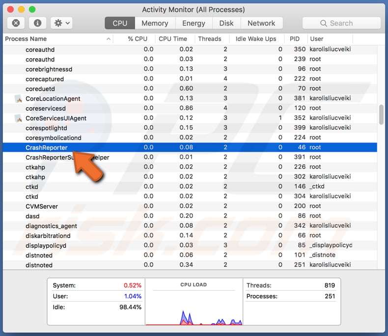 proceso CrashReporter.exe en el monitor de actividad