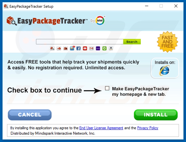 instalador del secuestrador de navegadores oficial EasyPackageTracker