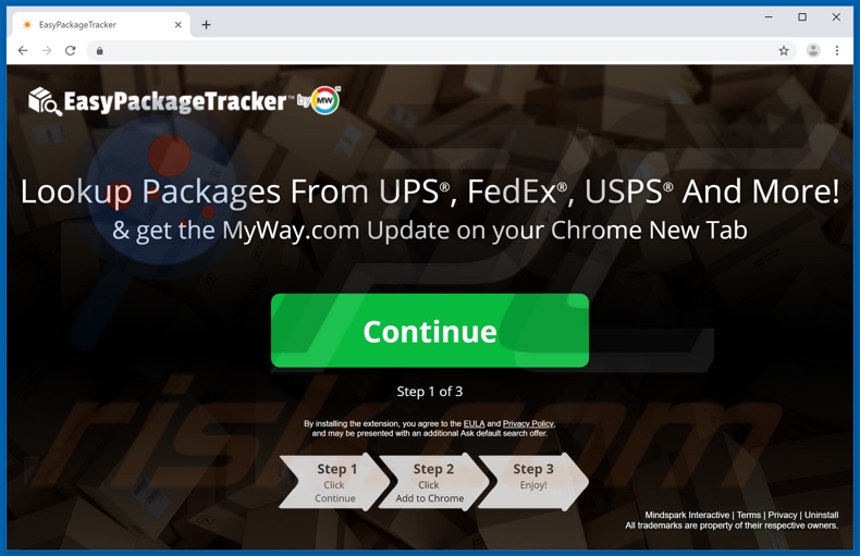 sitio web usado para promocionar el secuestrador de navegadores EasyPackageTracker