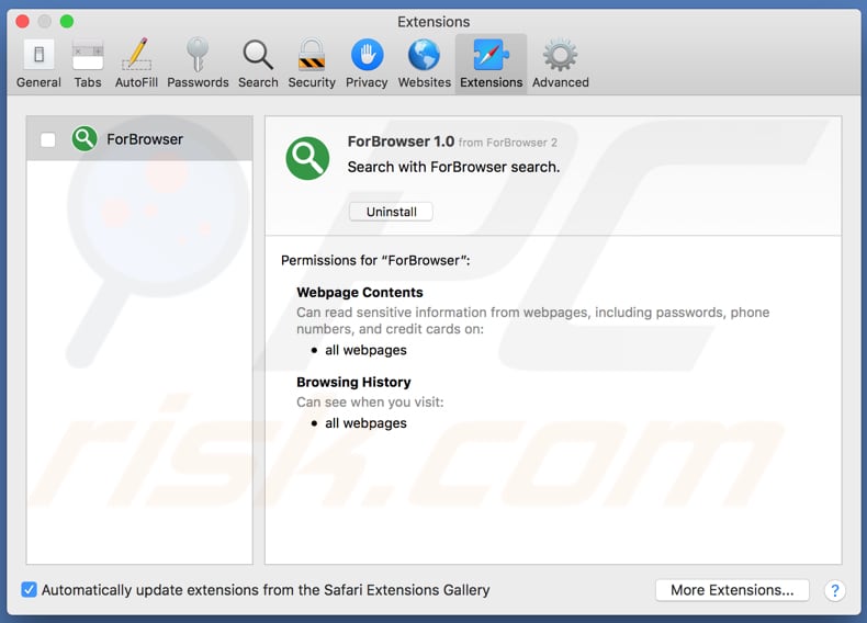 ForBrowser adware instalado en Safari