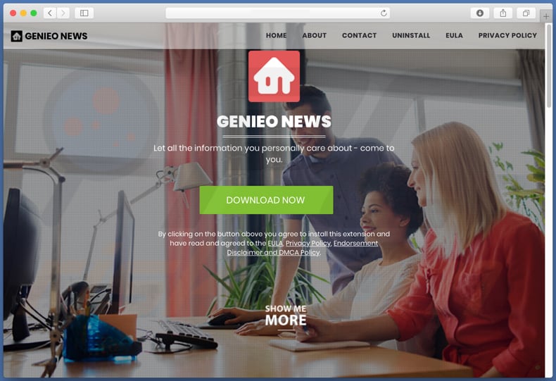 sitio web dudoso usado para promocionar genieonews.com