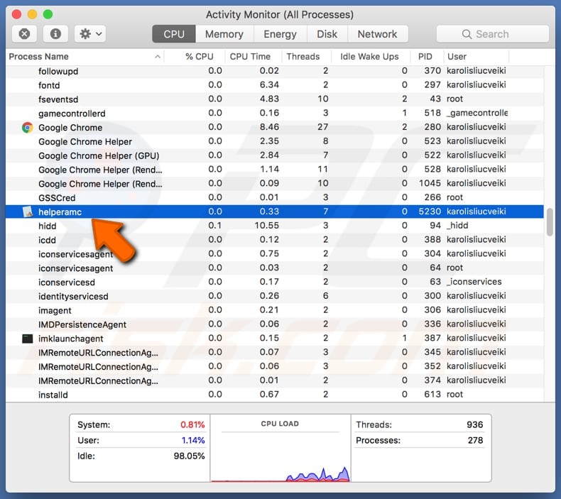 proceso Helperamc en el monitor de actividad