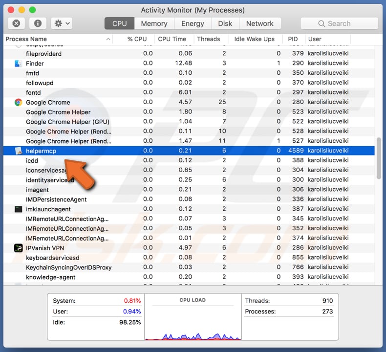 proceso Helpermcp en el monitor de actividad