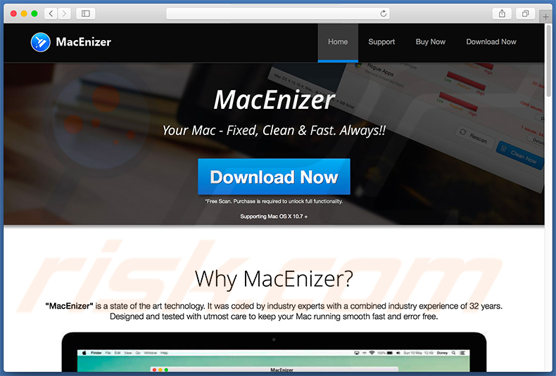 sitio web promocionando la segunda variante de la aplicación no deseada MacEnizer