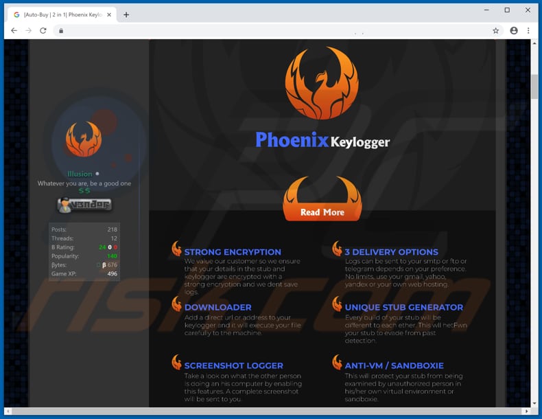 Sitio web de descarga del keylogger Phoenix