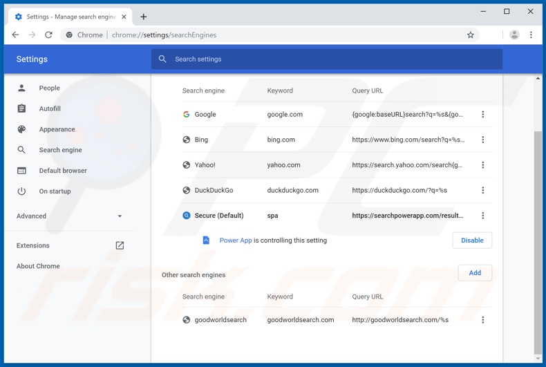 Eliminando searchpowerapp.com del motor de búsqueda por defecto de Google Chrome
