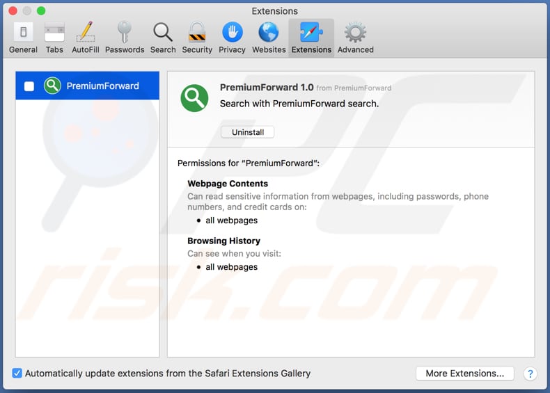 PremiumForward adware instalado en el navegador Safari