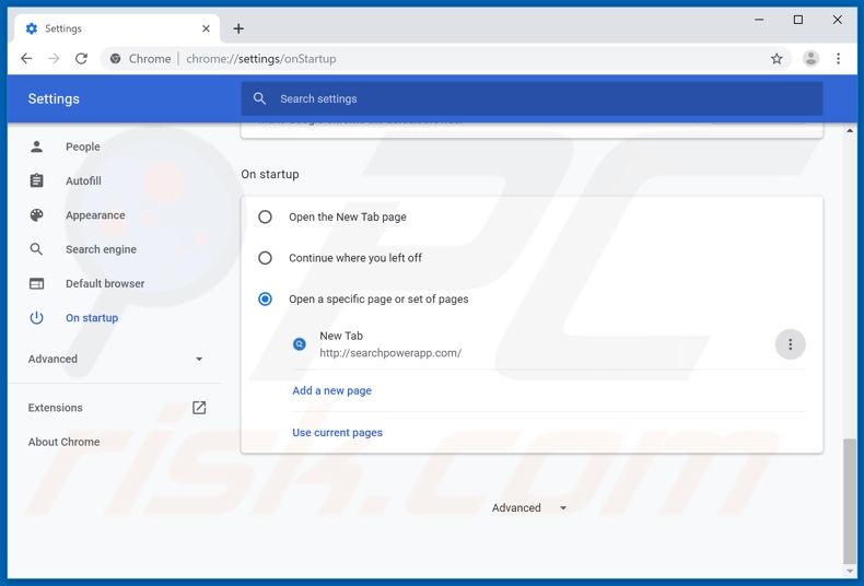 Eliminando searchpowerapp.com de la página de inicio de Google Chrome