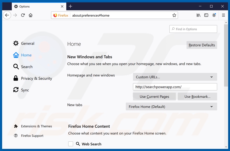 Eliminando searchpowerapp.com de la página de inicio de Mozilla Firefox