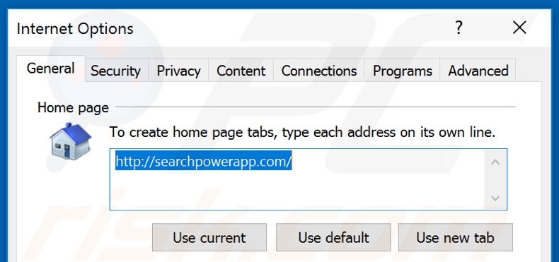 Eliminando searchpowerapp.com de la página de inicio de Internet Explorer