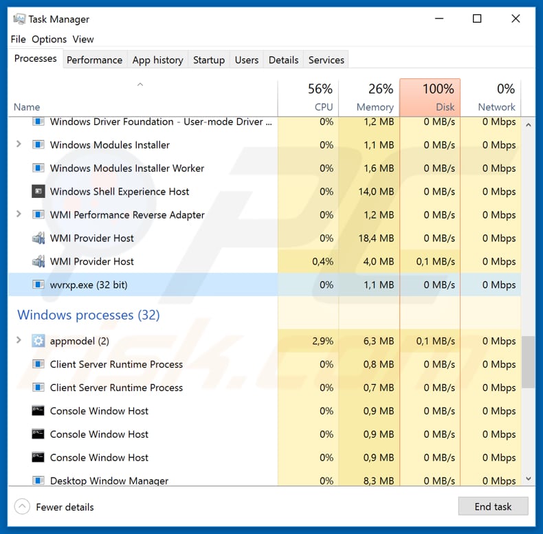 Proceso malicioso SystemBC ejecutándose en el Administrador de Tareas como wvrxp.exe