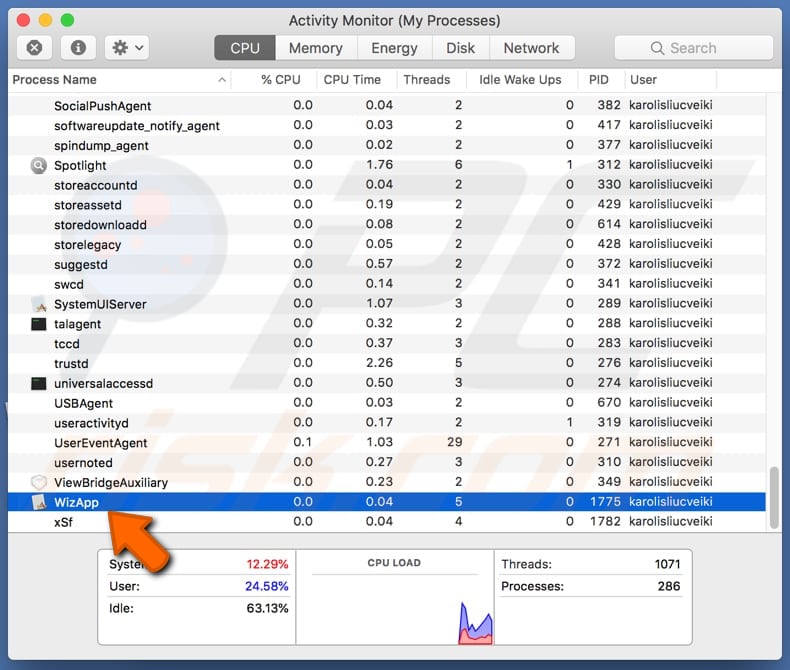 Proceso de adware WizApp