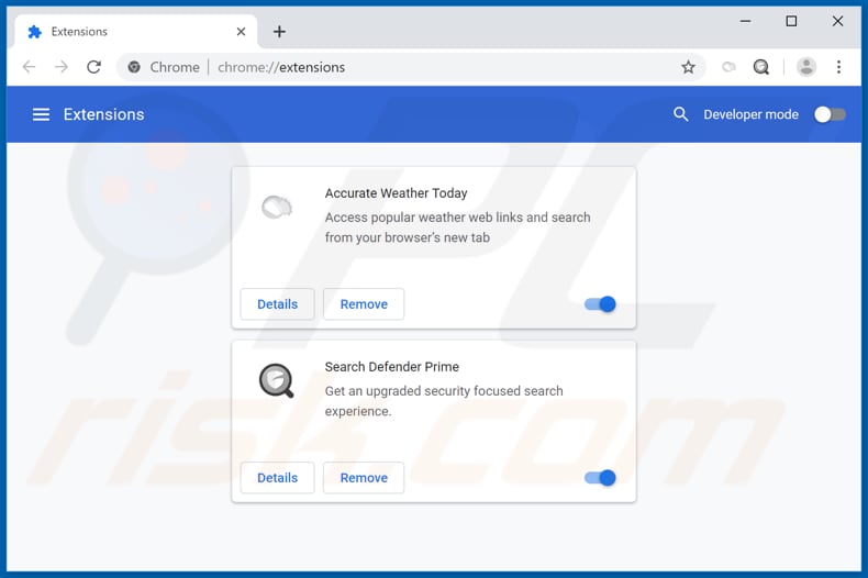 Eliminando las extensiones relacionadas a accurateweathertoday.com en Google Chrome