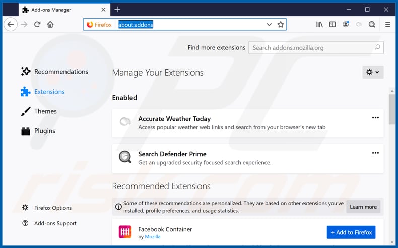 Eliminando las extensiones relacionadas a accurateweathertoday.com en Mozilla Firefox