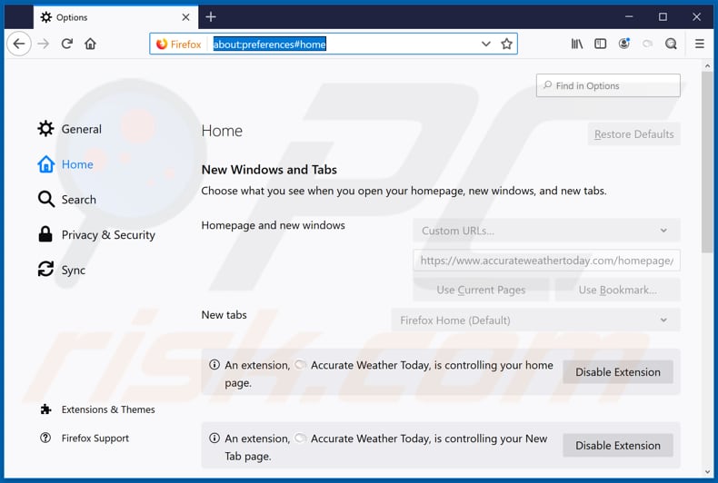 Eliminando accurateweathertoday.com de la página de inicio de Mozilla Firefox