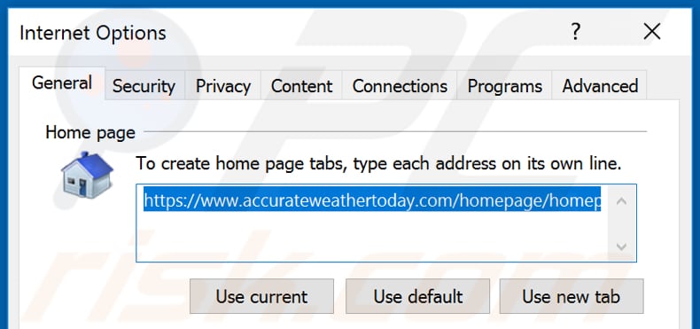 Eliminando accurateweathertoday.com de la página de inicio de Internet Explorer