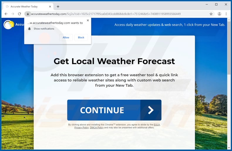 Sitio web usado para promover el secuestrador de navegadores Accurate Weather Today