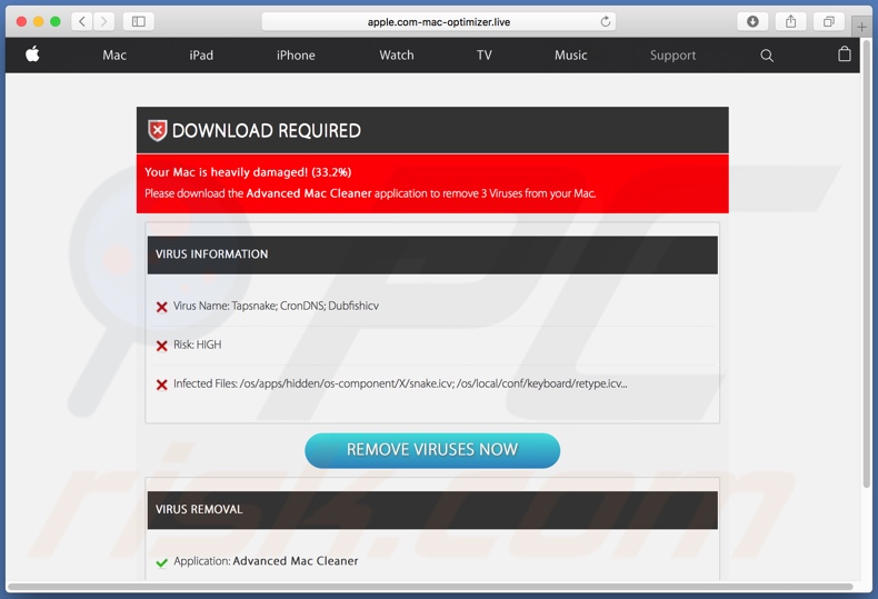 Falso escaneo de apple.com-mac-optimizer[.]live