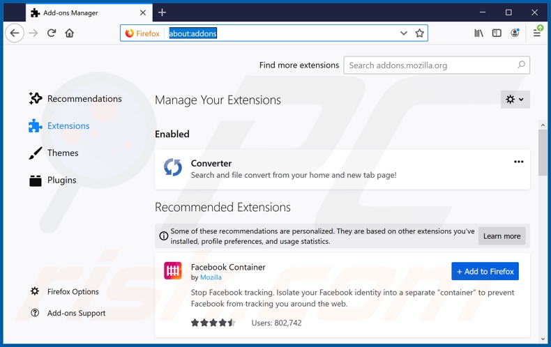 Eliminando las extensiones relacionadas a search.betterconverterprotab.com de Mozilla Firefox