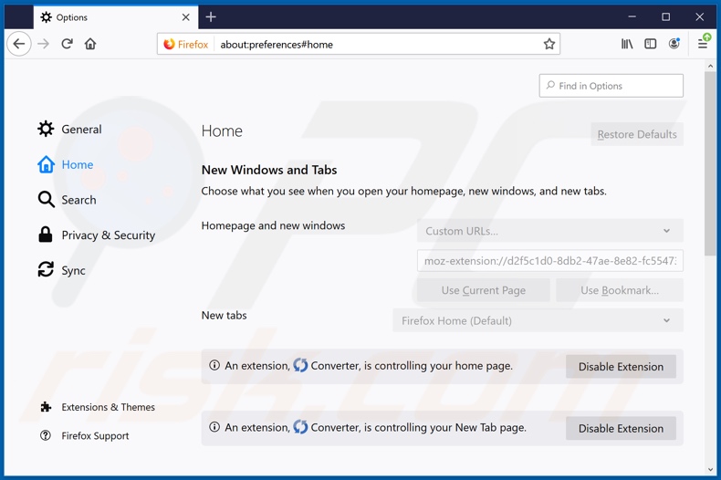 Eliminando search.betterconverterprotab.com de la página de inicio de Mozilla Firefox