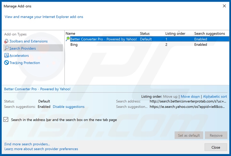Eliminando search.betterconverterprotab.com del motor de búsqueda predeterminado de Internet Explorer