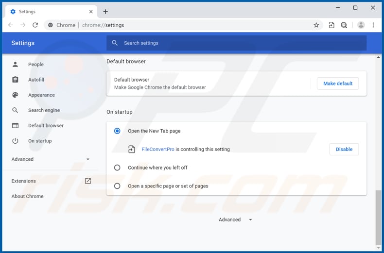 Eliminando fileconvertpro.co de la página de inicio de Google Chrome