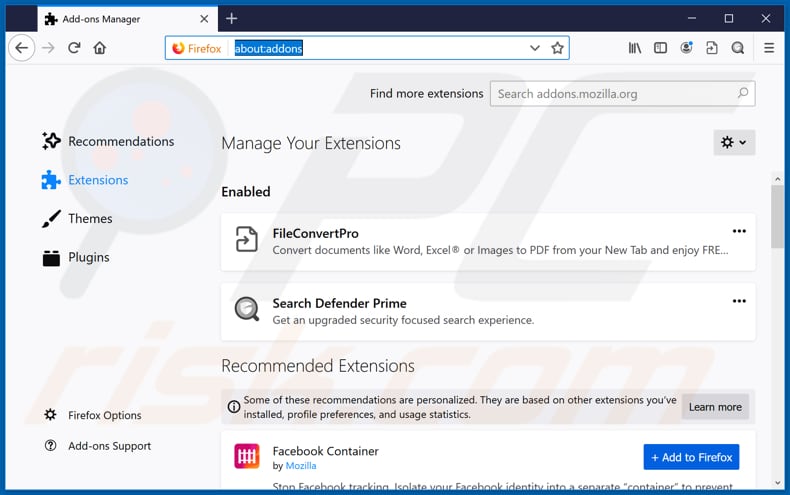 Eliminando extensiones relacionados a fileconvertpro.co de Mozilla Firefox