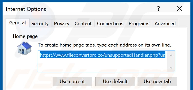 Eliminando fileconvertpro.co de la página de inicio de Internet Explorer