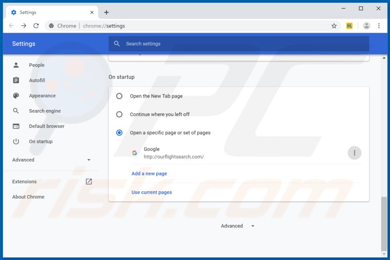 Eliminando ourflightsearch.com de la página de inicio de Google Chrome