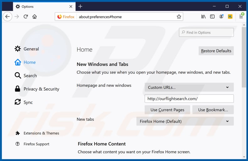 Eliminando ourflightsearch.com de la página de inicio de Mozilla Firefox