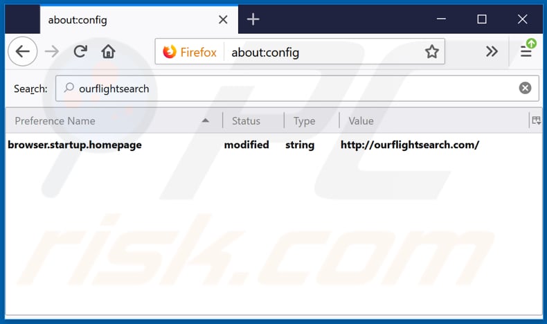Eliminando ourflightsearch.com del motor de búsqueda por defecto de Mozilla Firefox