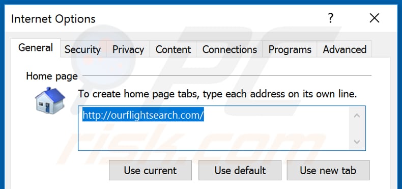 Eliminando ourflightsearch.com de la página de inicio de Internet Explorer