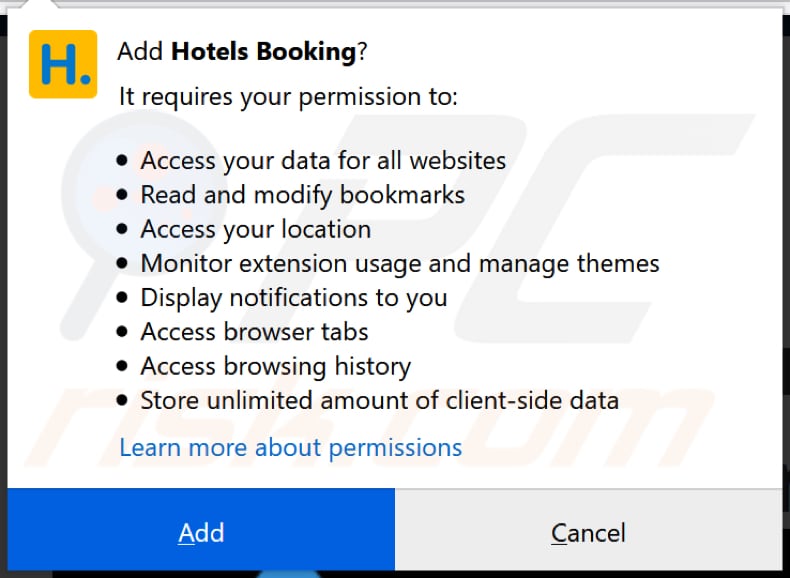 Hotels Booking solicitando acceso a diferentes datos en Firefox