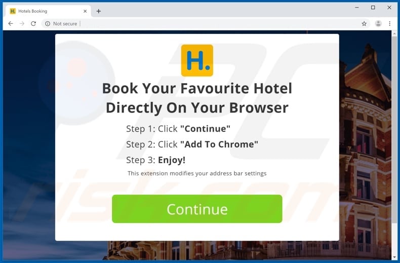 Sitio web usado para promover el secuestrador de navegadores Hotels Booking