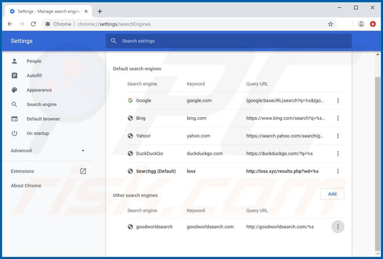 Eliminando losx.xyz del motor de búsqueda por defecto de Google Chrome