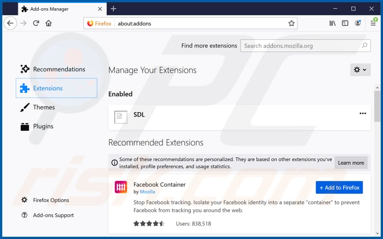 Eliminando las extensiones relacionadas a losx.xyz en Mozilla Firefox