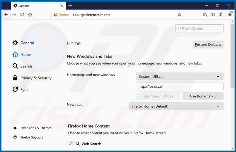 Eliminando losx.xyz de la página de inicio de Mozilla Firefox