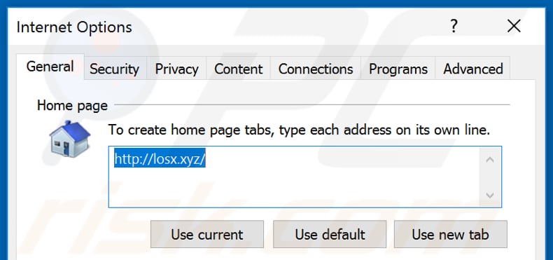Eliminando losx.xyz de la página de inicio de Internet Explorer