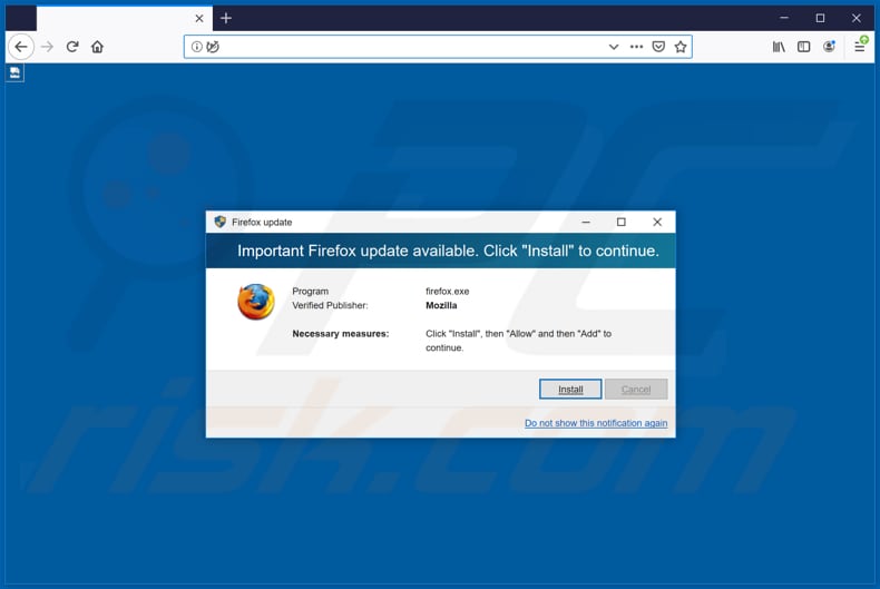 Página engañosa alientando a los visitantes a usar el falso actualizador de Firefox